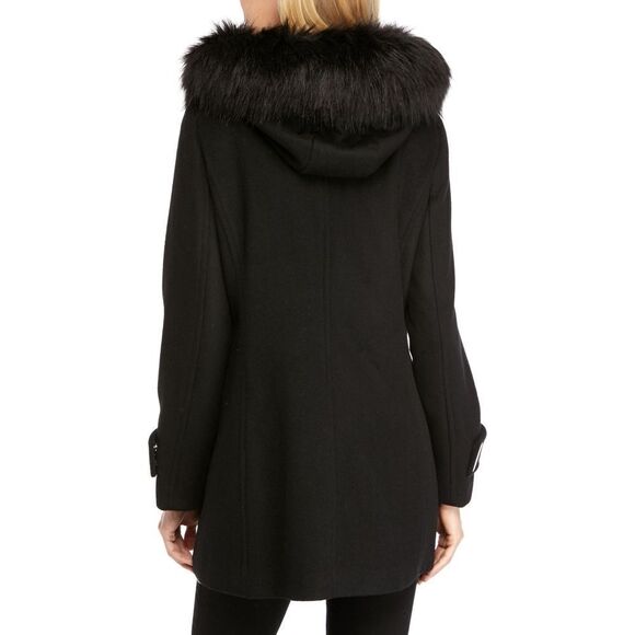 New! CALVIN KLEIN Wool-Blend Hooded Faux Fur Black Coat Jacket XL Zip-Front - Picture 9 of 12